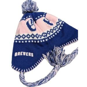 Milwaukee Brewers Knit Stocking Cap Ear Flaps Pibk White Blue Beanie-Hat Ladies